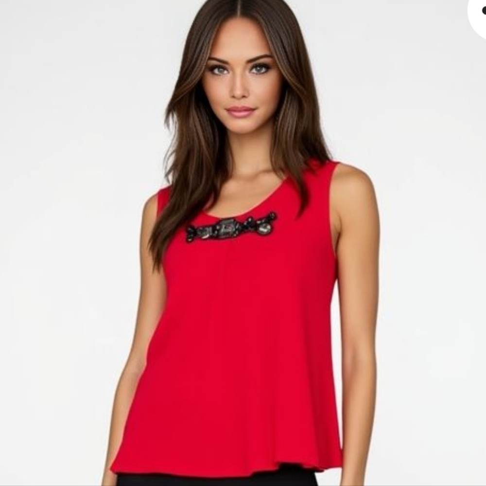 Silk  Laurel Red Sleeveless Top Embellished‎
